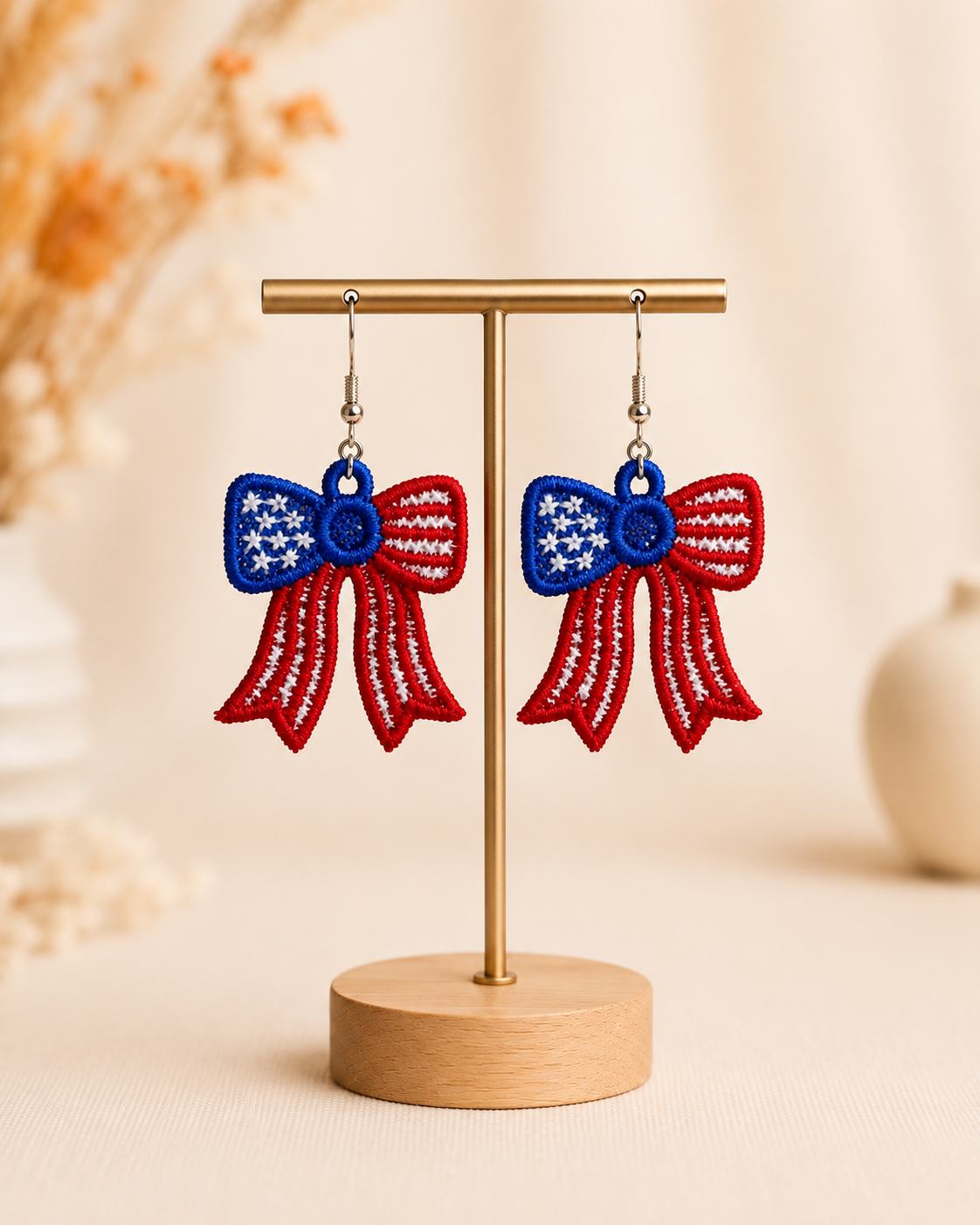 Embroidered 4th of July Bow Earrings
