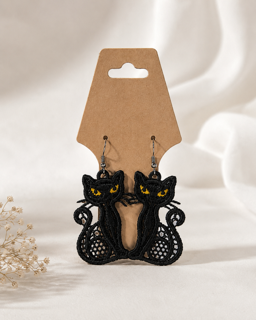 Embroidered Black Cat Earrings