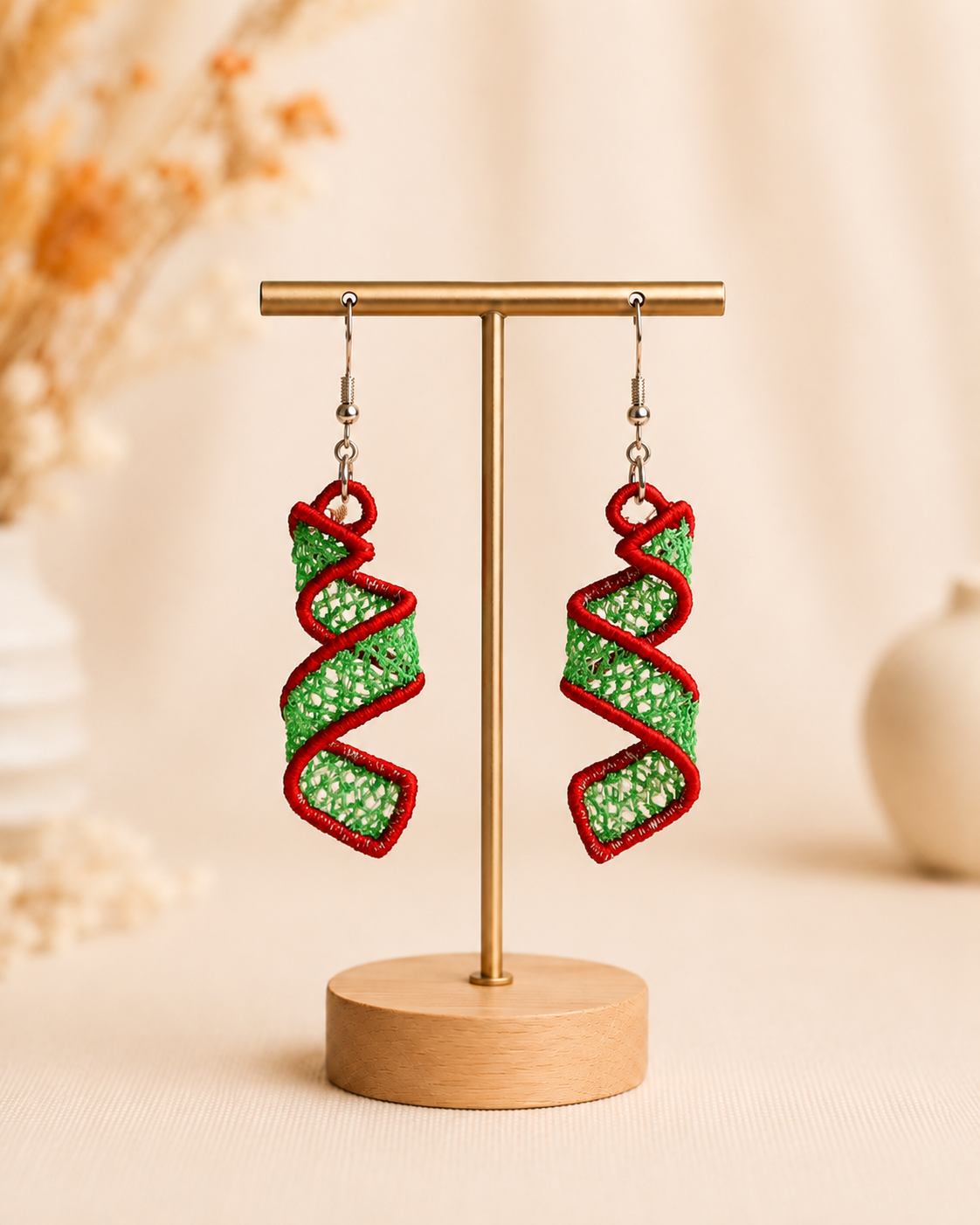 Embroidered Christmas Spiral Earrings