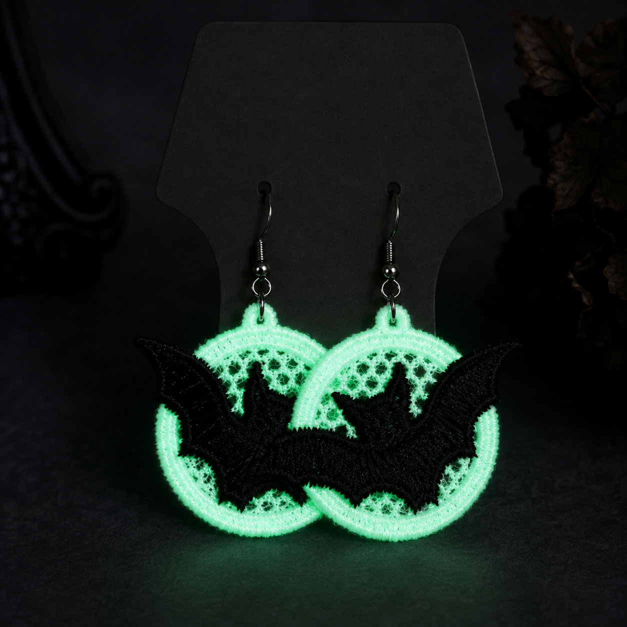 Embroidered Glowing Bats Earrings - Image 2