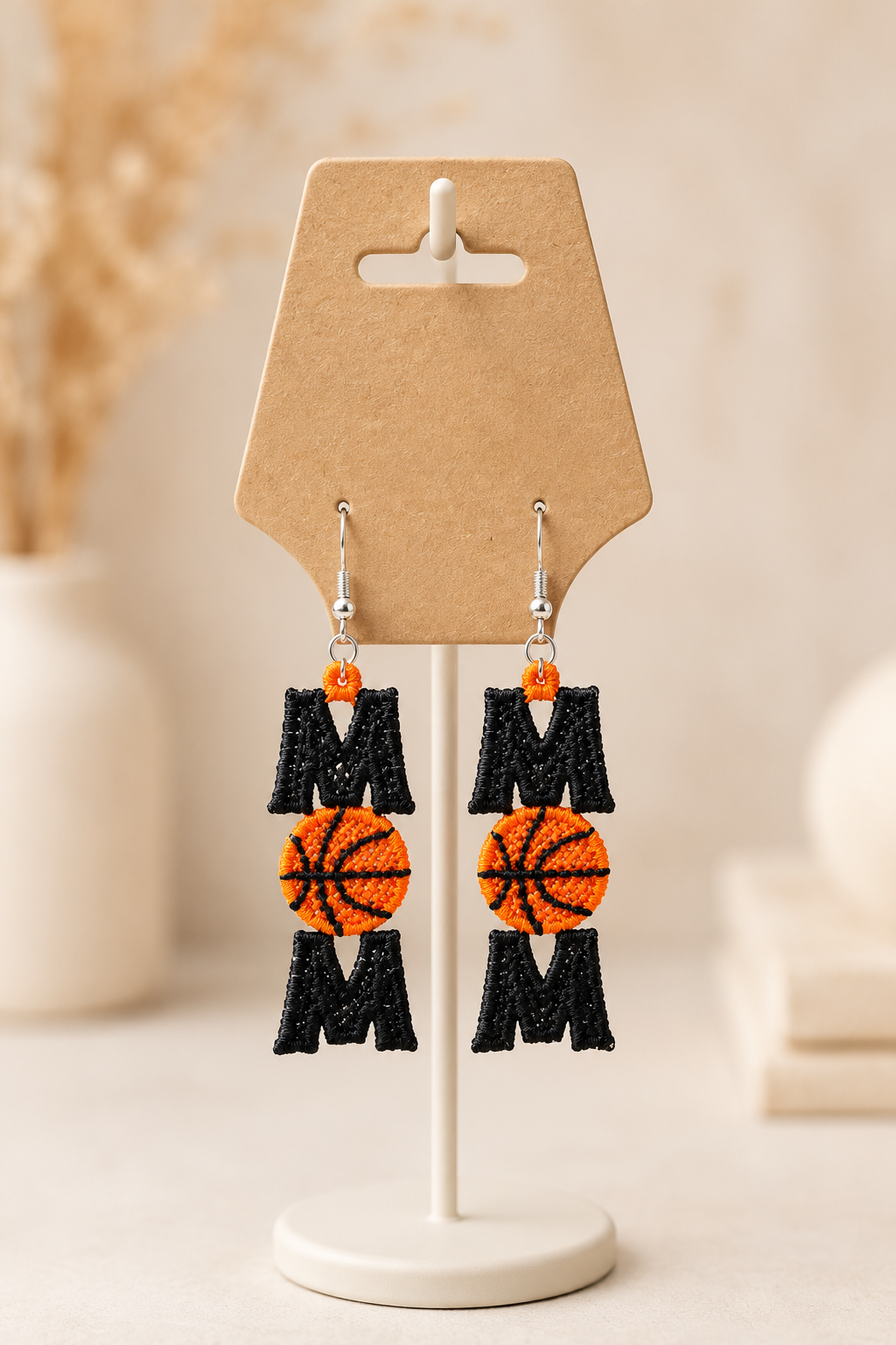 Embroidered MOM Basketball Earrings