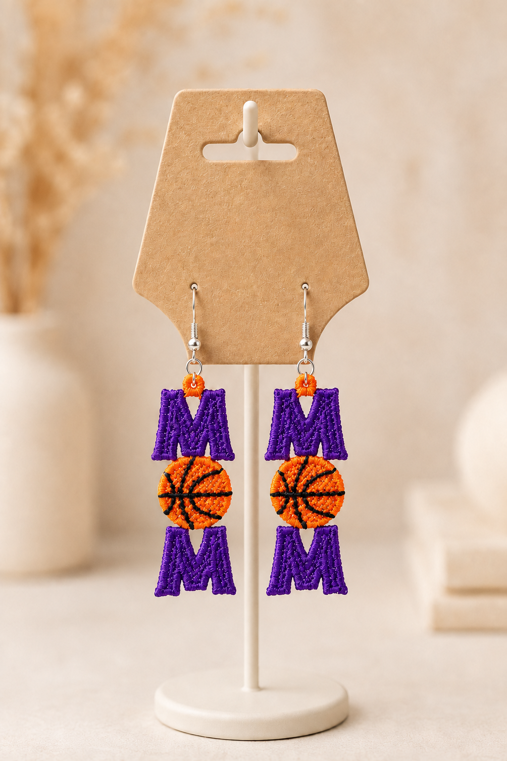 Embroidered MOM Basketball Earrings - Image 3