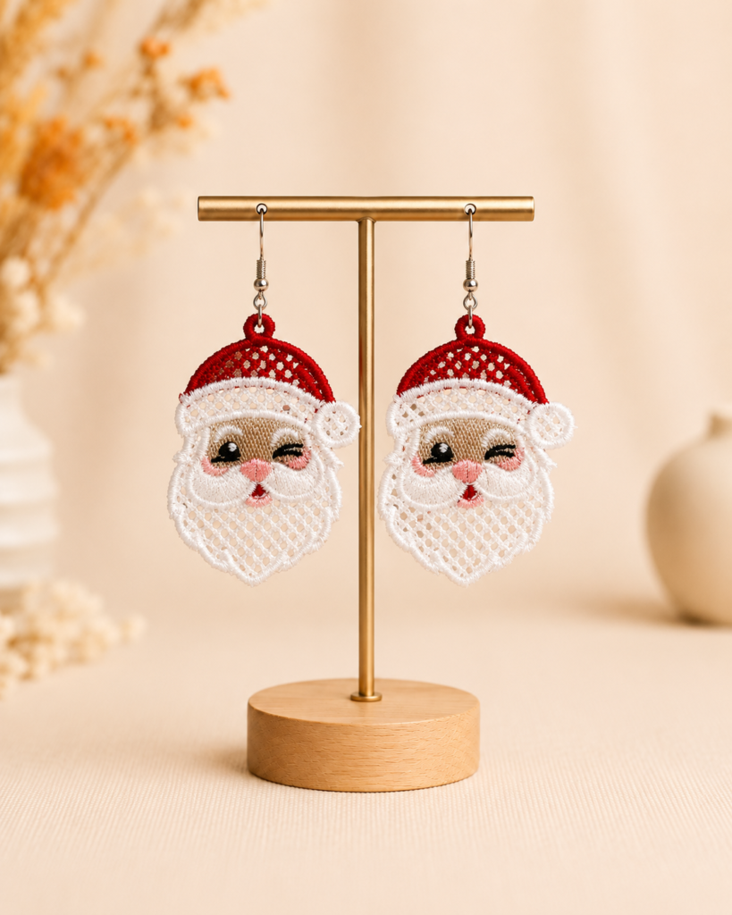 Embroidered Winking Santa Earrings