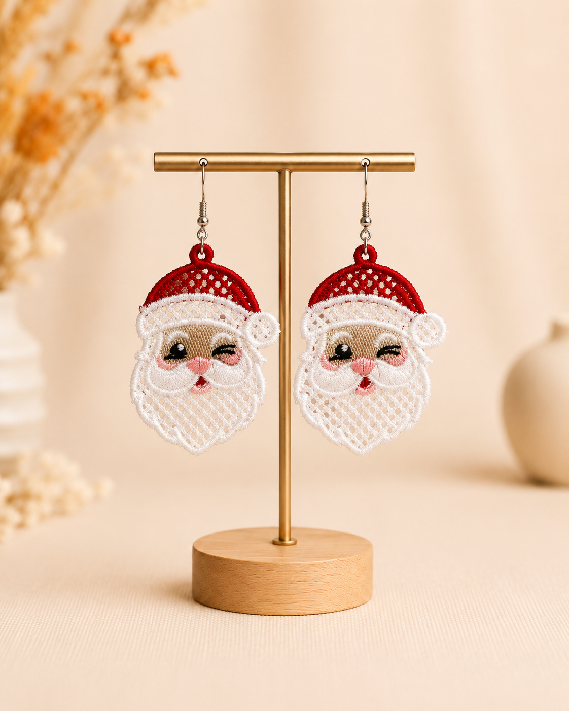 Embroidered Winking Santa Earrings